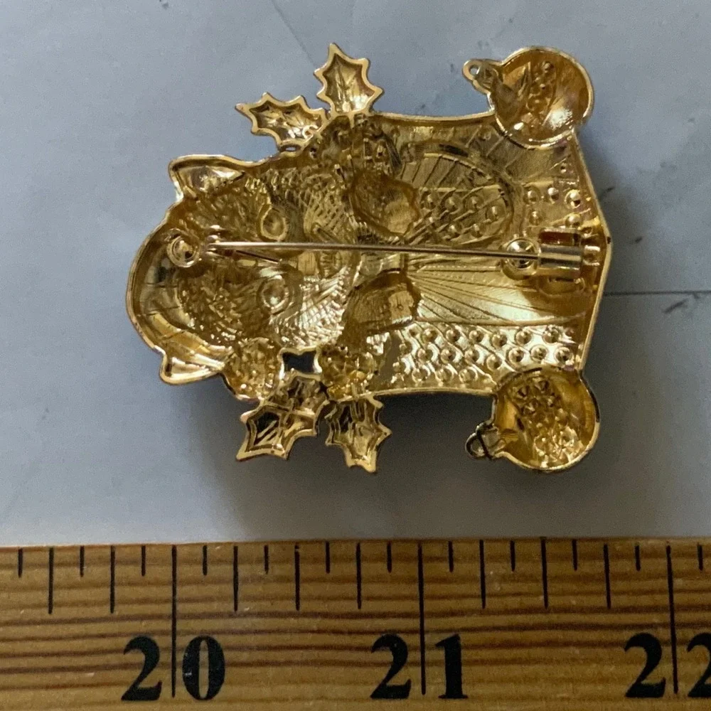 Enamel Christmas Cat Brooch Blue White Rhinestone Chinoiserie Holiday Kitten Pin